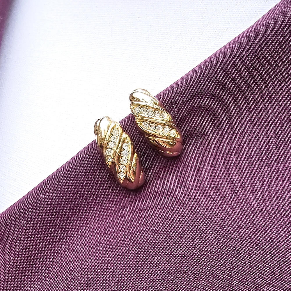 Vintage Christian Dior Gold Clip On Earrings W/ Rhinestones Set